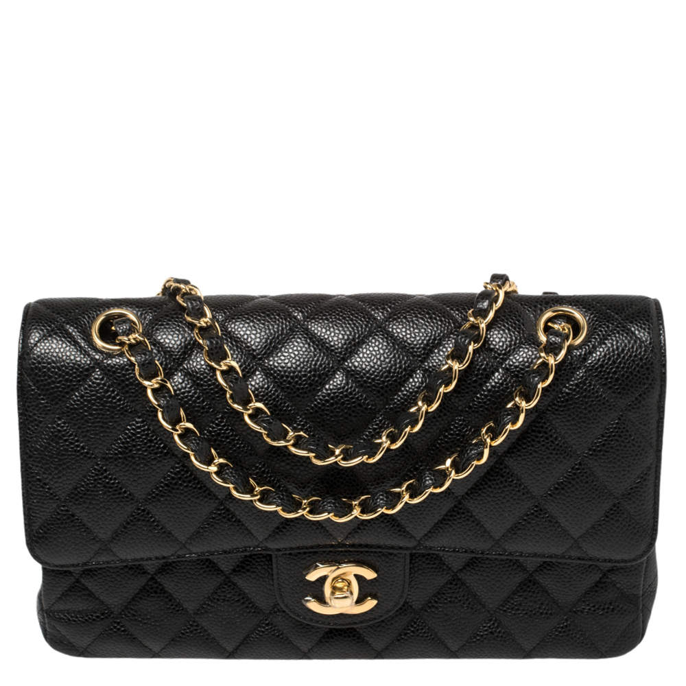 Pre Owned Chanel Black Quilted Caviar Leather Medium Classic Double Flap Bag