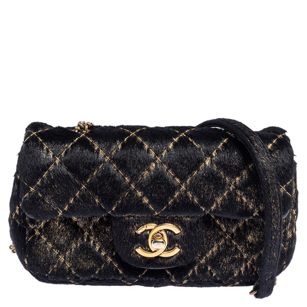 Pre Owned Chanel Black/Gold Quilted Calf Hair Extra Mini Classic Single Flap Bag