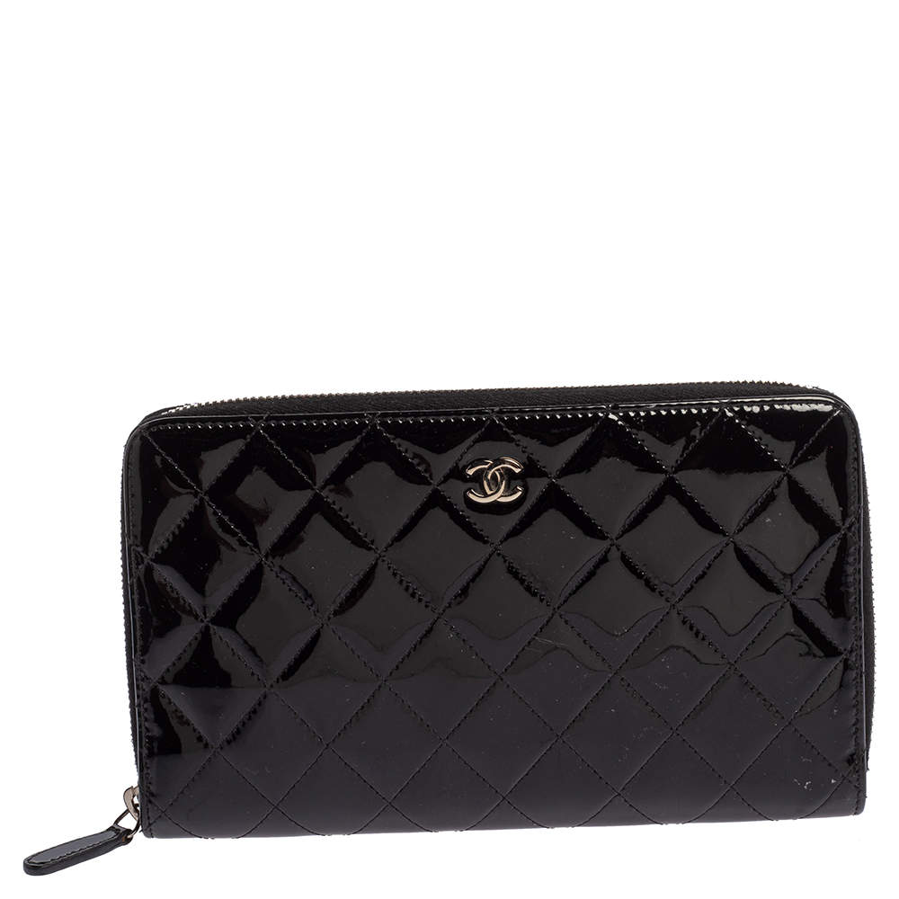 Chanel Black Quilted Patent Leather CC Zip Around Organizer Wallet