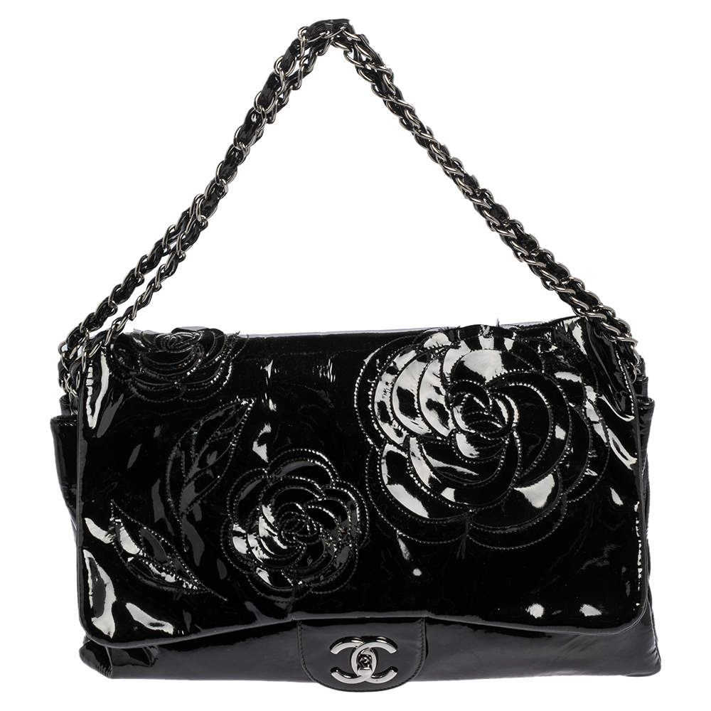 Chanel Black Patent Leather Camellia Accordion 3 Classic Flap Bag