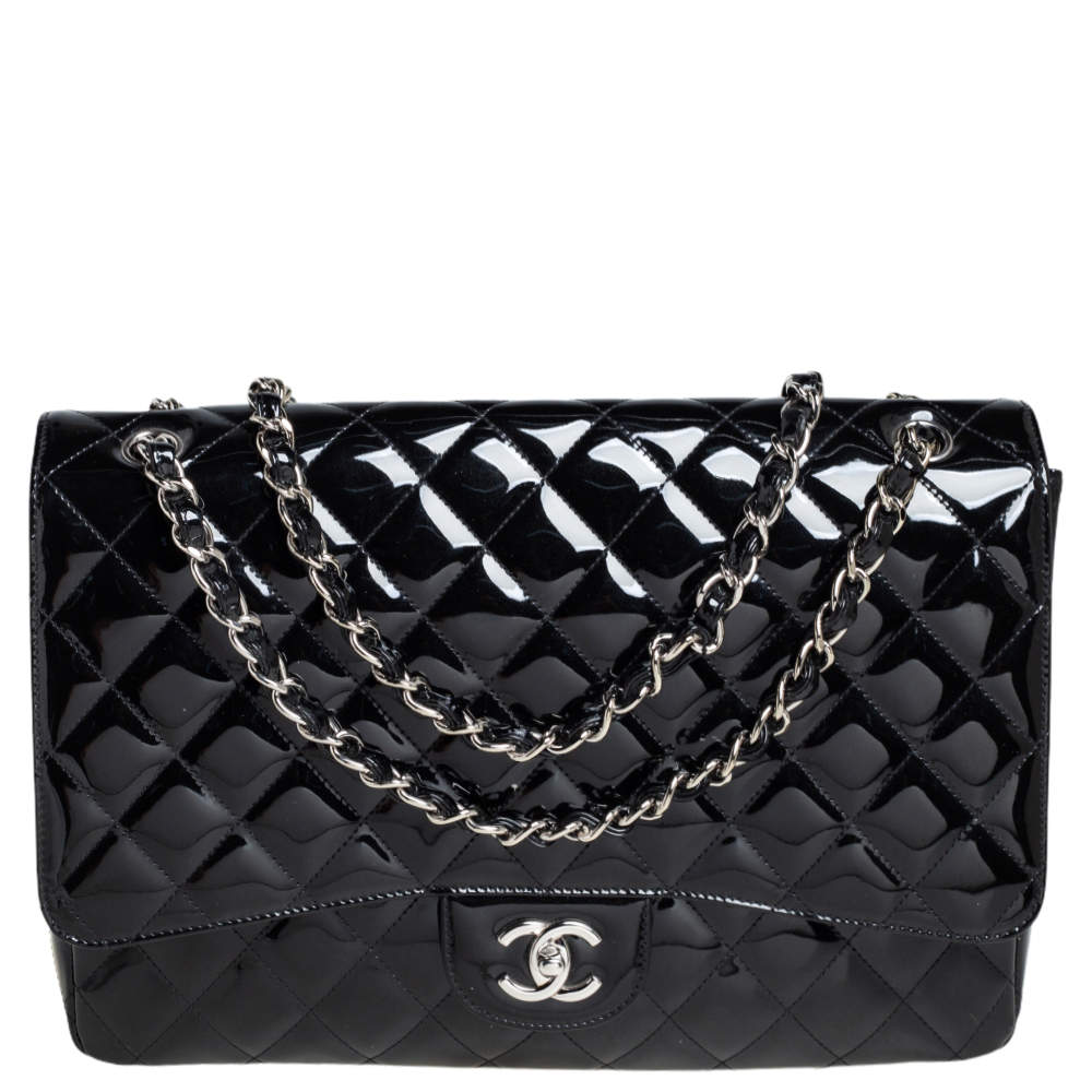 Pre Owned حقيبة شانيل كلاسيك ماكسي جلد لامع مبطن سوداء بقلاب واحد