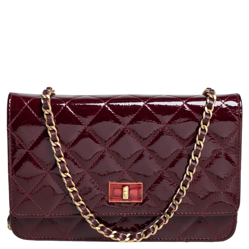 Chanel Burgundy Quilted Patent Leather Reissue Wallet On Chain