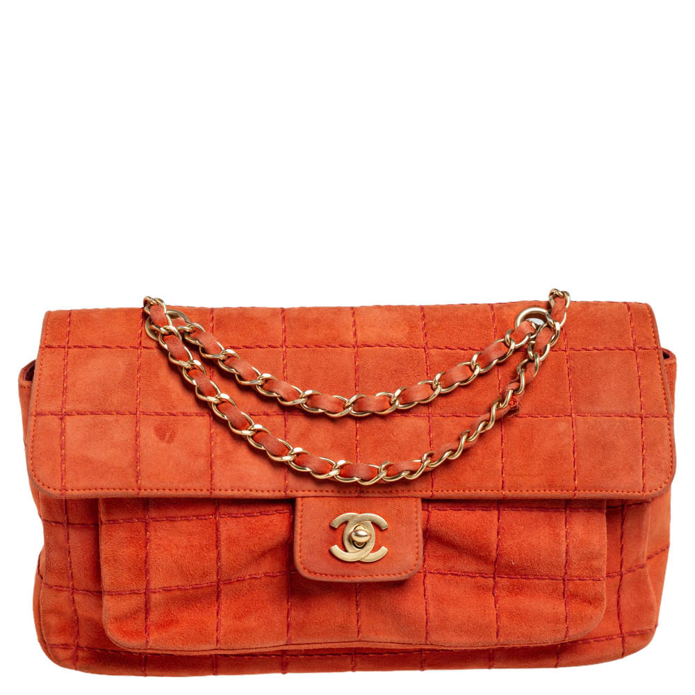 Chanel Orange Stitch Square Quilted Suede Single Flap Bag