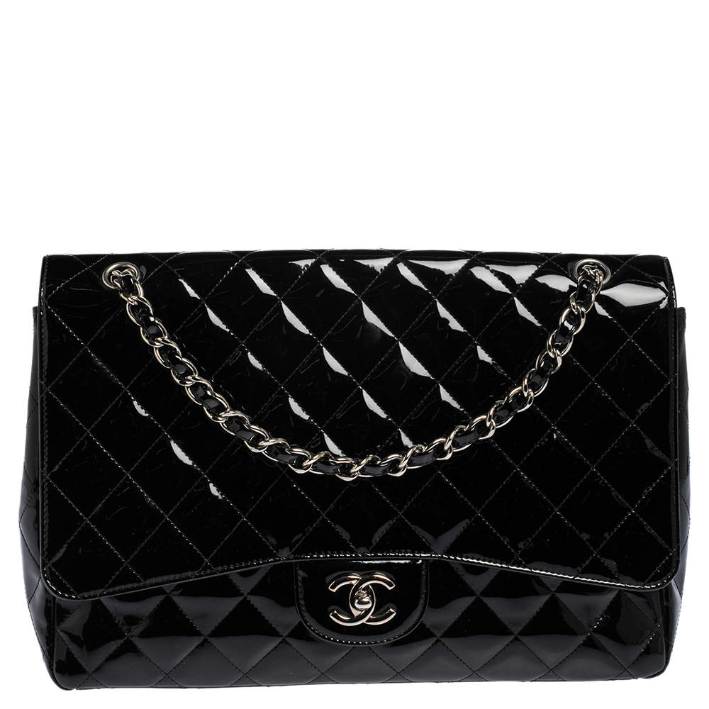 Pre Owned Chanel Black Quilted Patent Leather Maxi Classic Single Flap Bag