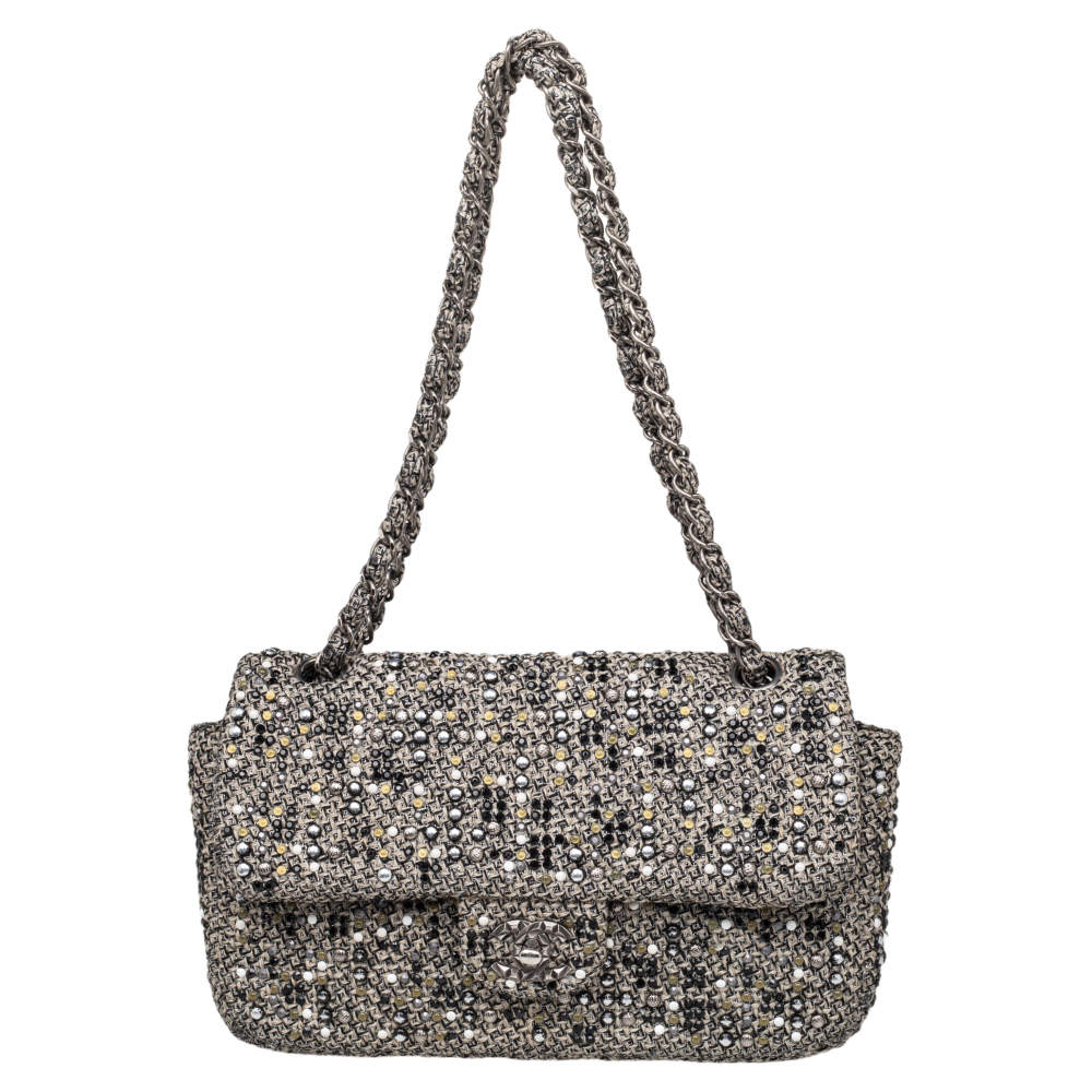 Pre Owned Chanel Monochrome Tweed Embellished Flap Bag