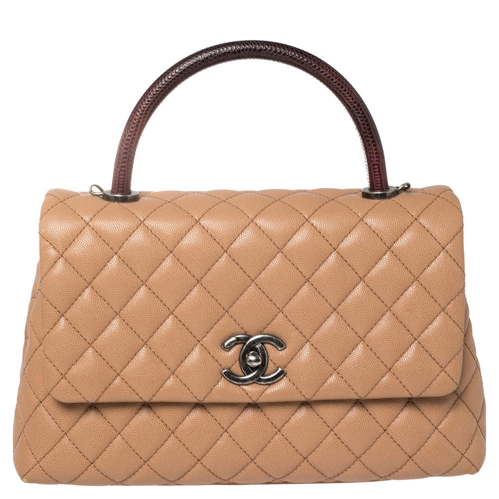 Pre Owned Chanel Beige/Maroon Caviar Leather and Lizard Medium Coco Top Handle Bag