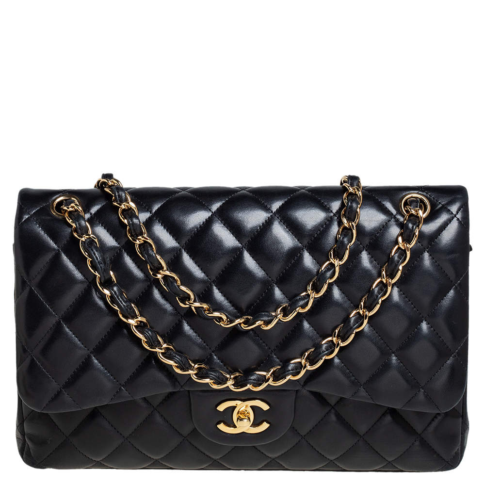 Pre Owned Chanel Black Quilted Lambskin Leather Jumbo Classic Double Flap Bag