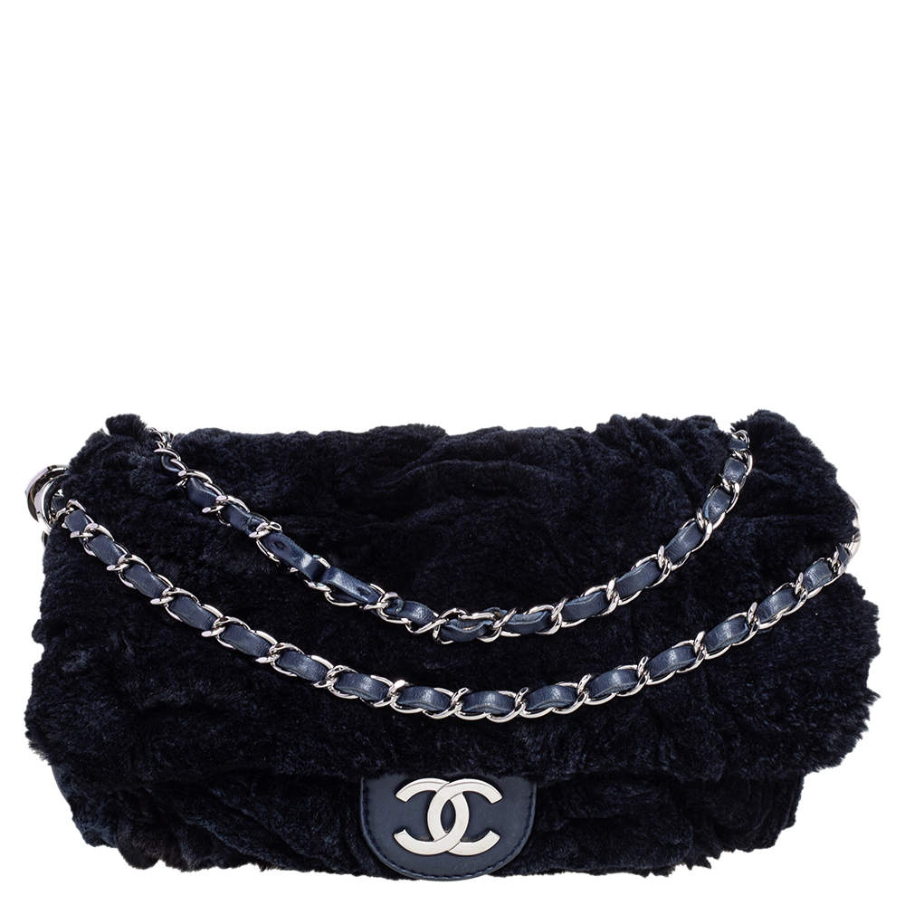 Chanel Navy Blue Rabbit Fur and Leather Single Flap Bag
