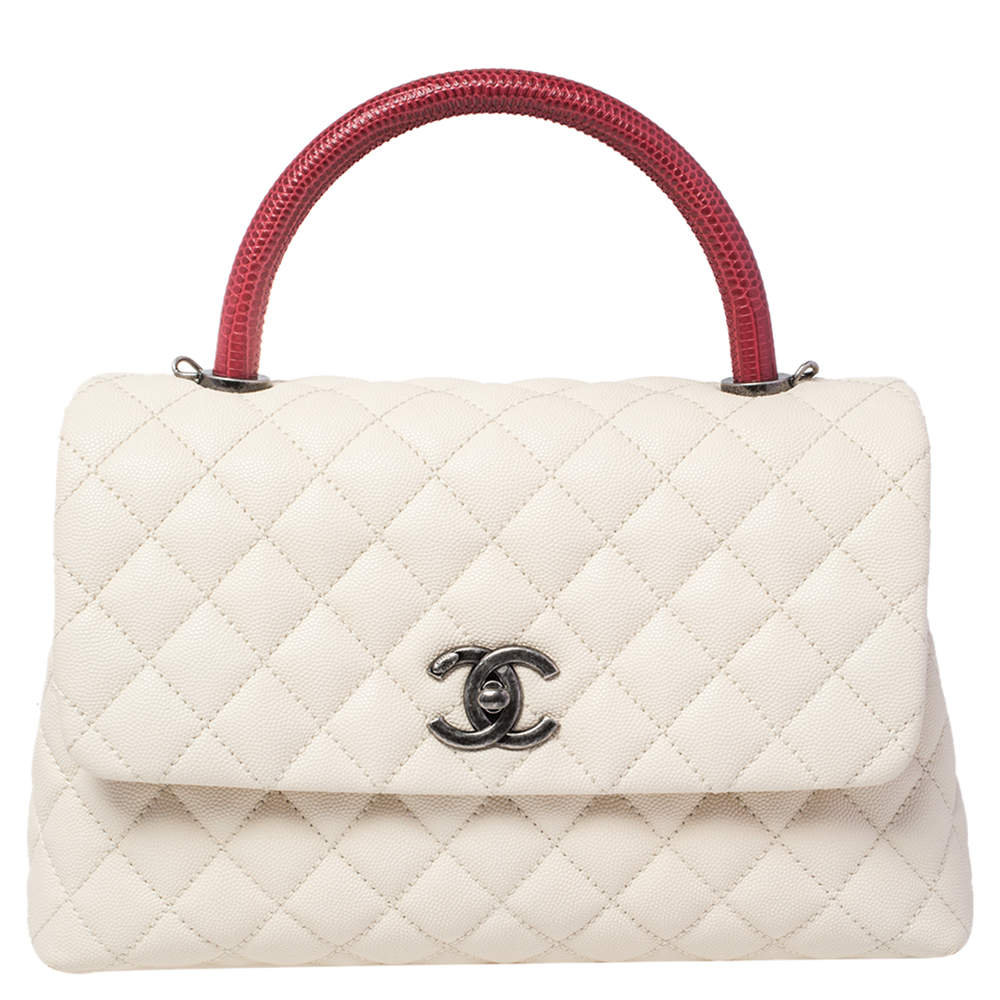 Chanel White Red Quilted Caviar Leather And Lizard Small Coco Top Handle Bag Chanel Tlc