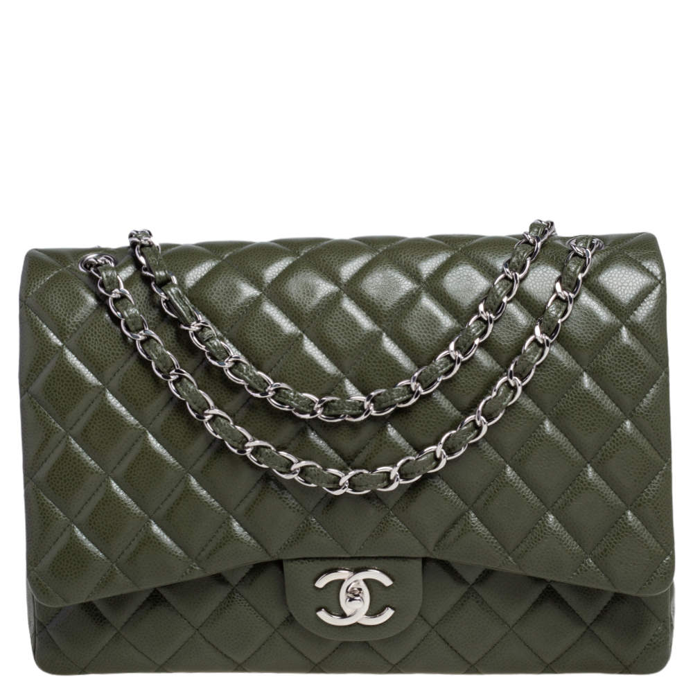 Chanel Green Quilted Caviar Leather Maxi Classic Double Flap Bag Chanel ...