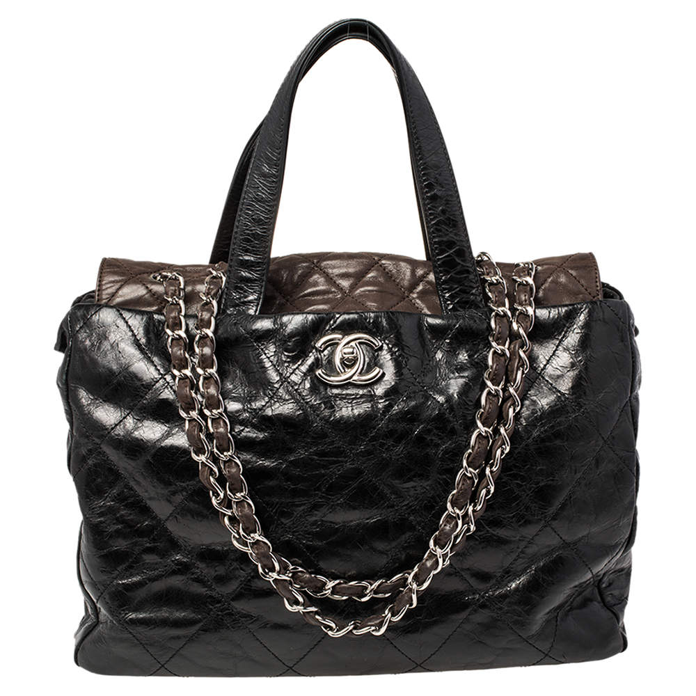 Pre Owned Chanel Black/Brown Quilted Iridescent Leather And Aged Leather Portobello Tote 