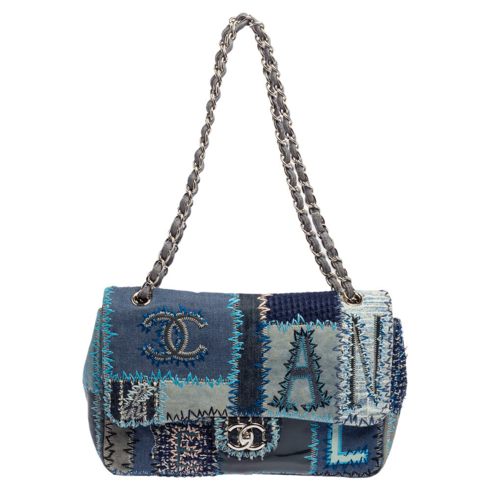 Chanel Blue Fabric/Canvas and Leather Patchwork Jumbo Classic Flap Bag