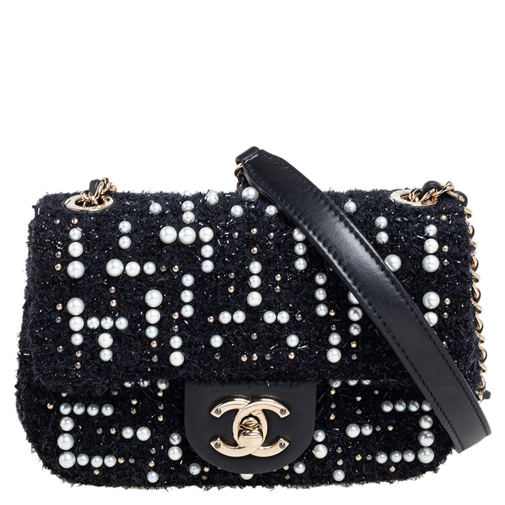 Pre Owned Chanel Black Faux Pearl Embellished Tweed Mini Cosmos Flap Bag 