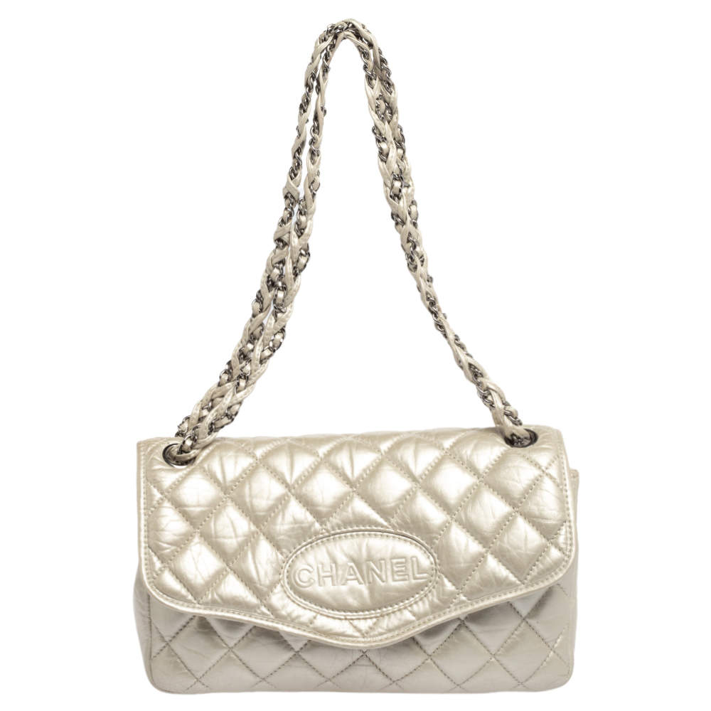 Pre Owned Chanel Metallic Cream Quilted Leather Logo Flap Bag