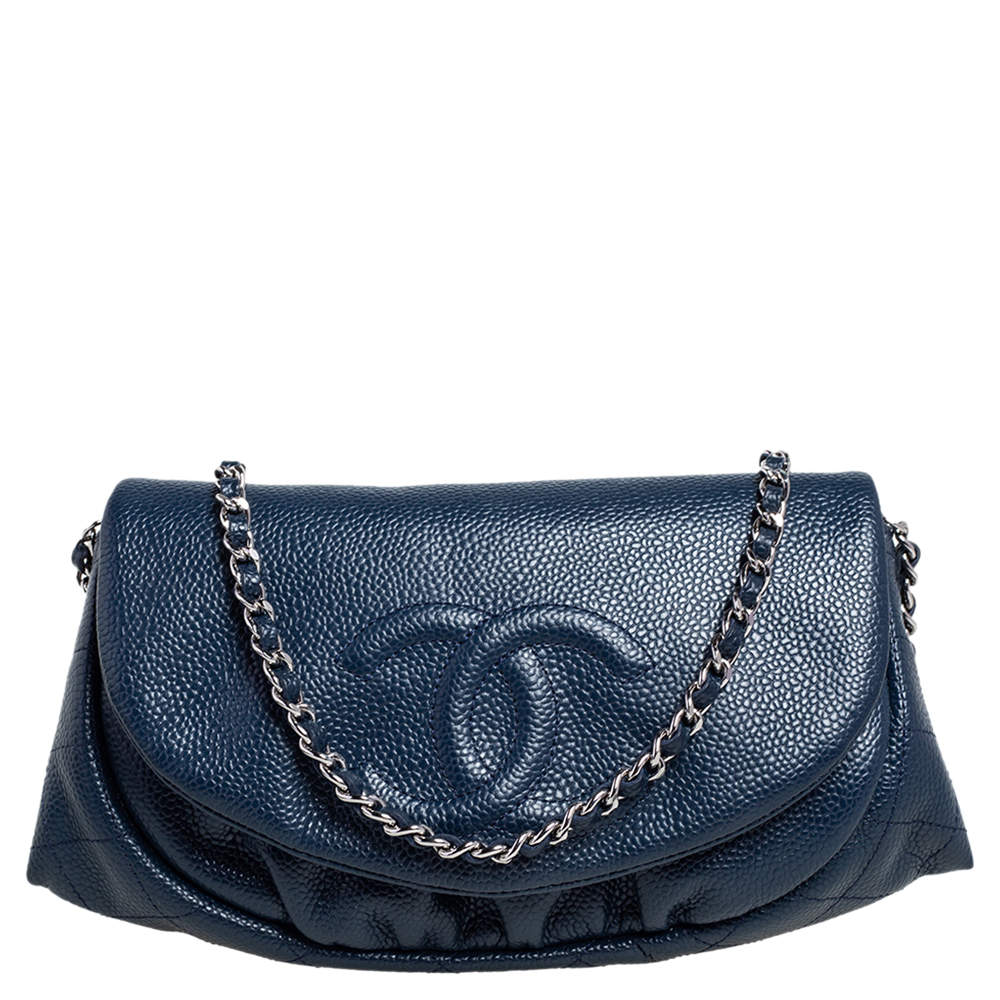 Chanel Blue Caviar Leather Half Moon Wallet On Chain