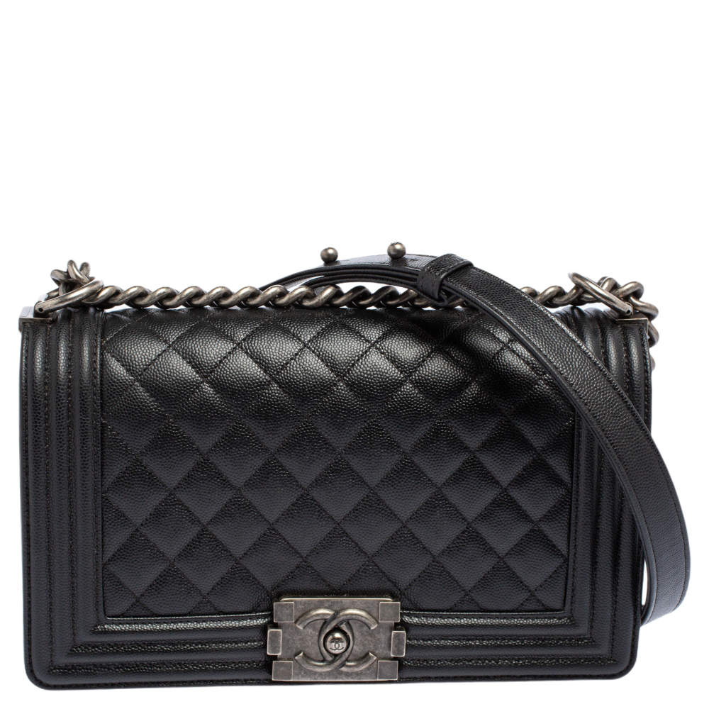 Pre Owned Chanel Black Quilted Caviar Leather Medium Boy Flap Bag