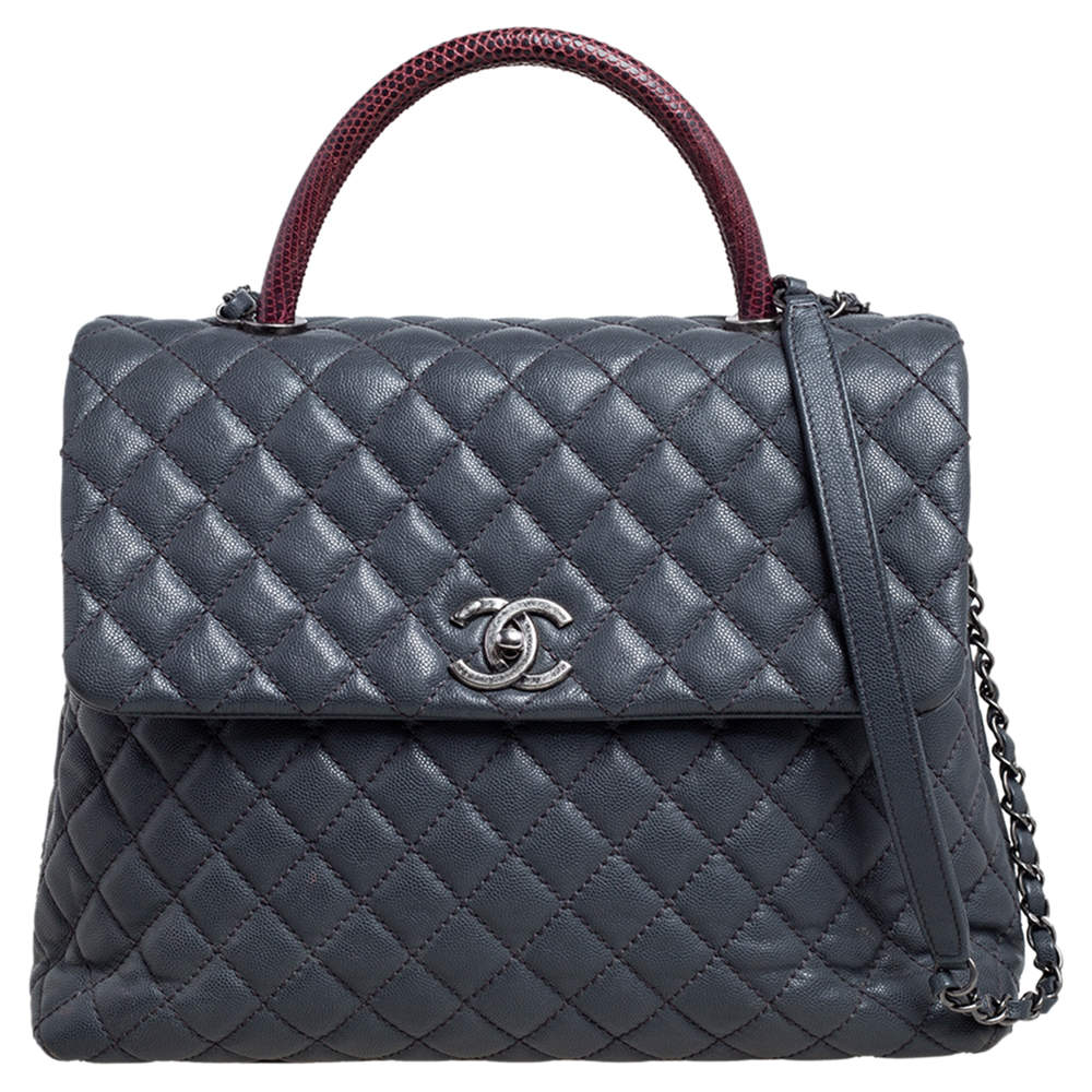 Pre Owned Chanel Grey/Burgundy Quilted Caviar Leather and Lizard Large Coco Top Handle Bag