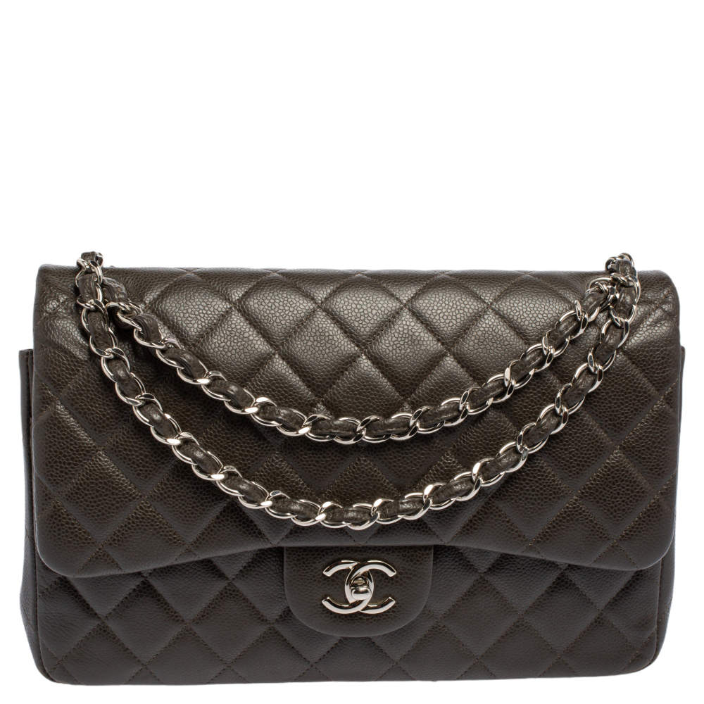 Pre Owned Chanel Dark Brown Quilted Caviar Leather Jumbo Classic Double Flap Bag