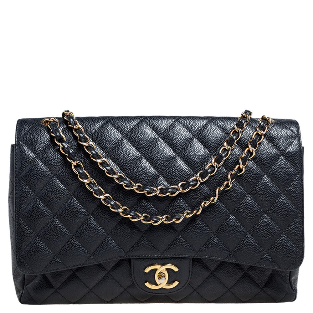 Chanel Black Quilted Caviar Leather Maxi Classic Double Flap Bag Chanel