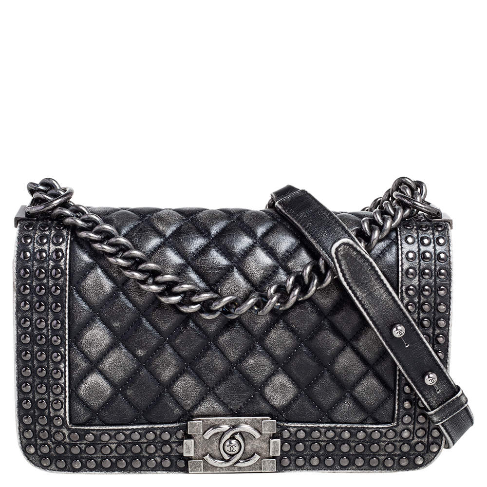 Chanel Black/Grey Quilted Leather Medium Boy Studded Flap Bag
