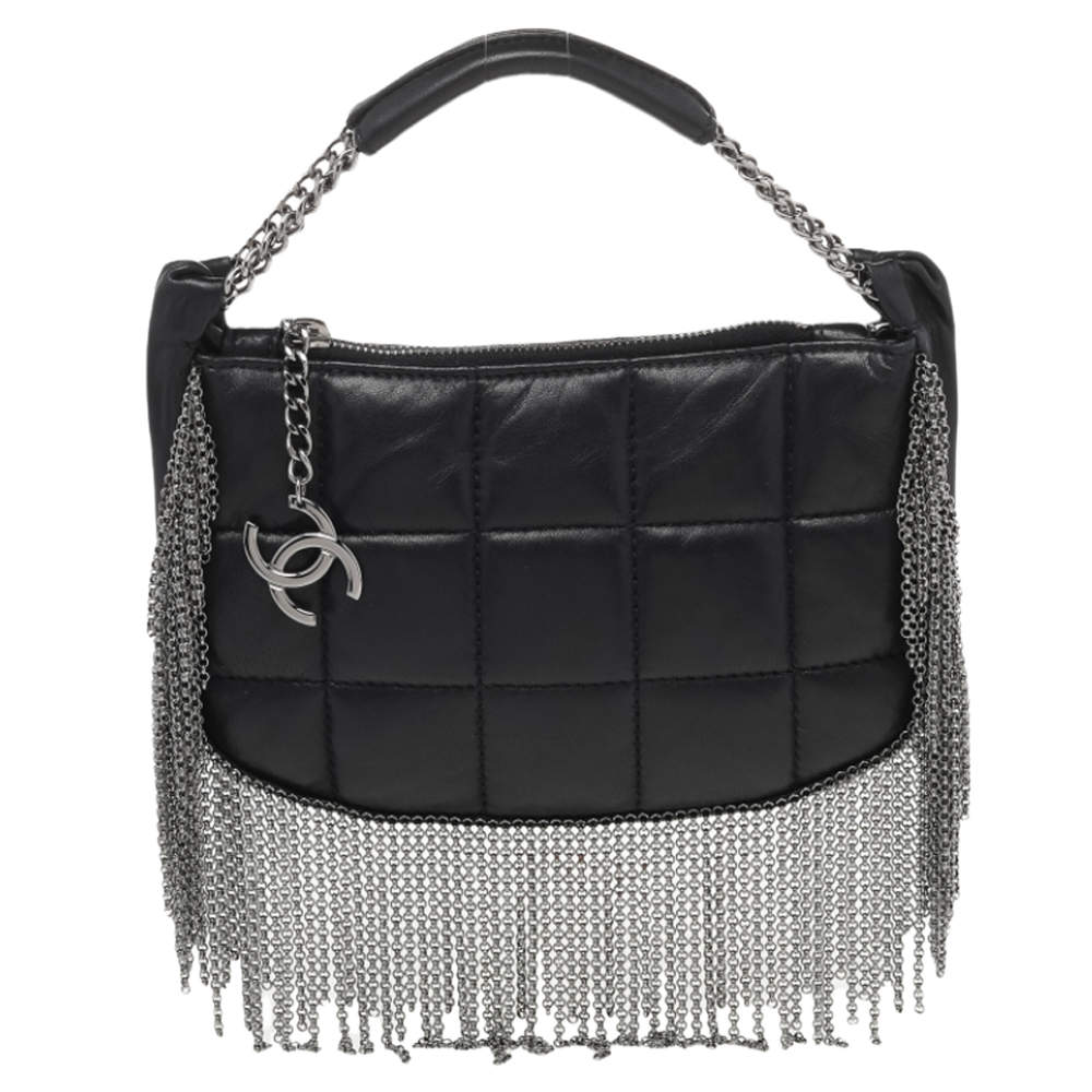 Pre Owned Chanel Black Quilted Leather Metal Chained Fringe Bag