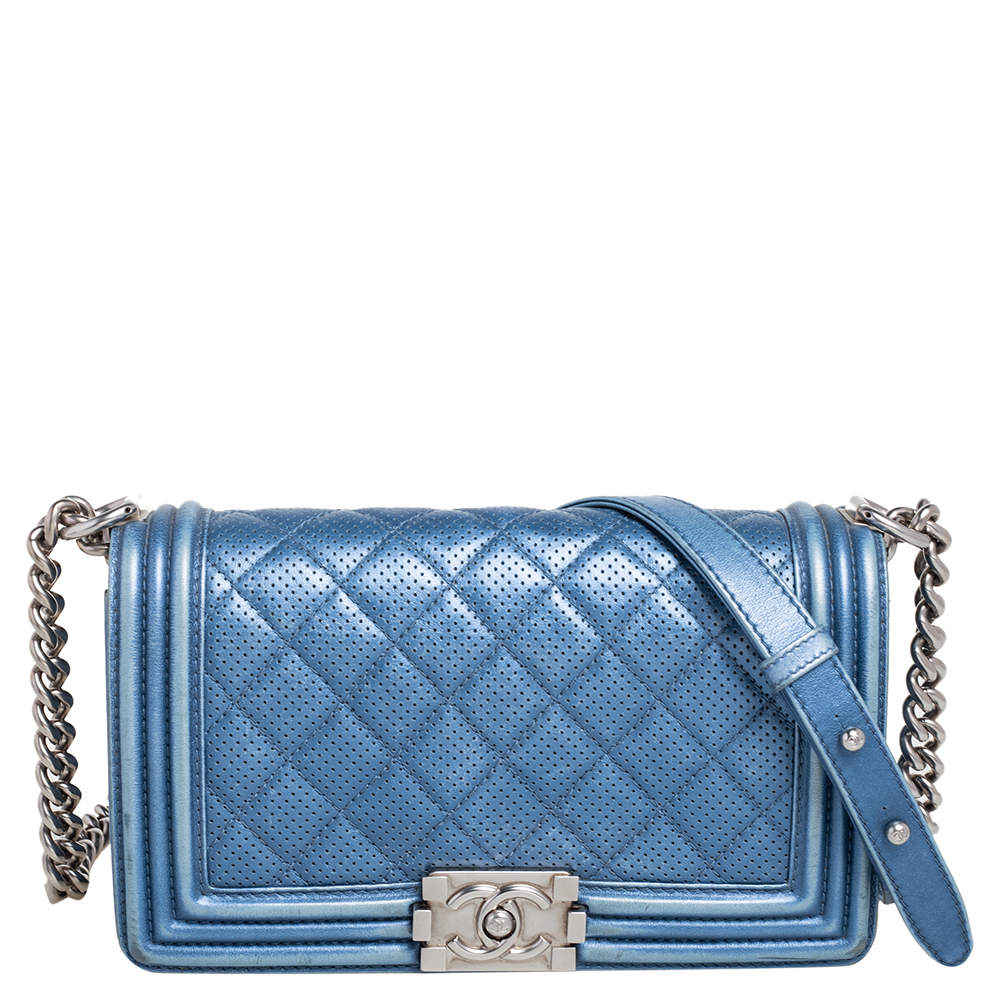 Pre Owned Chanel Blue Perforated Quilted Leather Medium Boy Flap Bag
