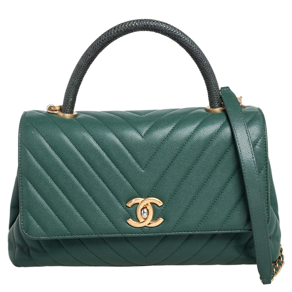 Pre Owned Chanel Green Chevron Quilted Caviar Leather and Lizard Small Coco Top Handle Bag