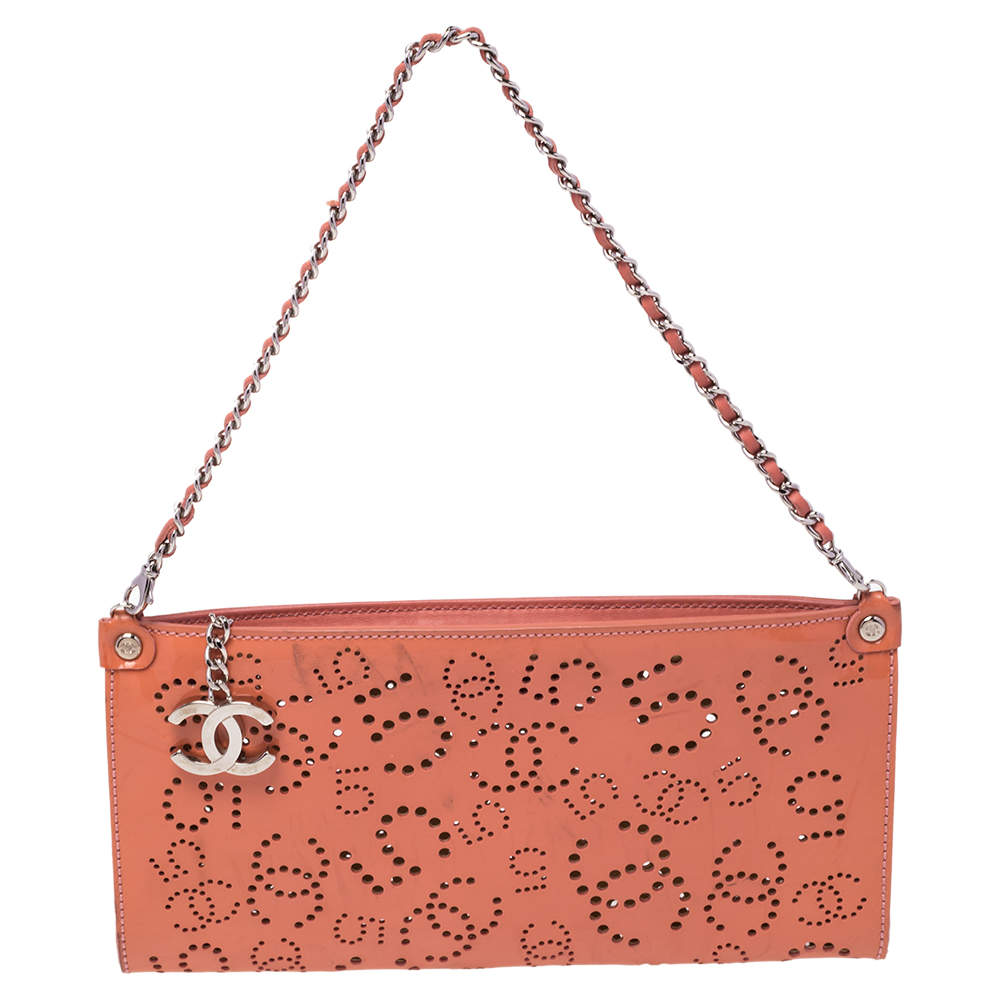 مملوكة مسبقًا Chanel Coral Orange Perforated Patent Leather CC No. 5 Baguette Bag