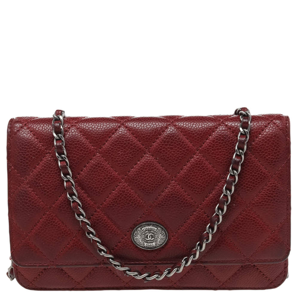 Chanel Red Quilted Caviar Leather CC Classic Flap Wallet on Chain  