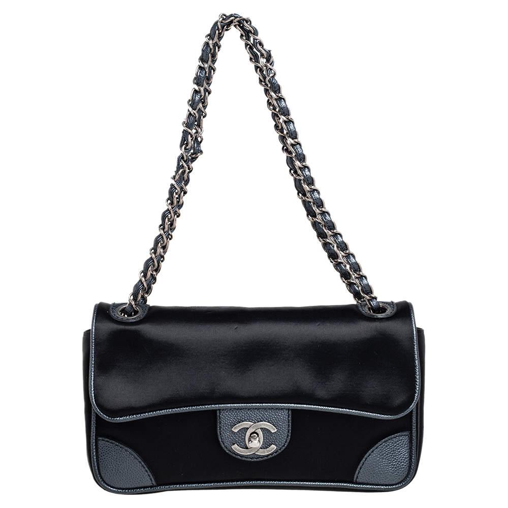Chanel Black Satin and Caviar Leather East West Flap Bag Chanel The Luxury Closet