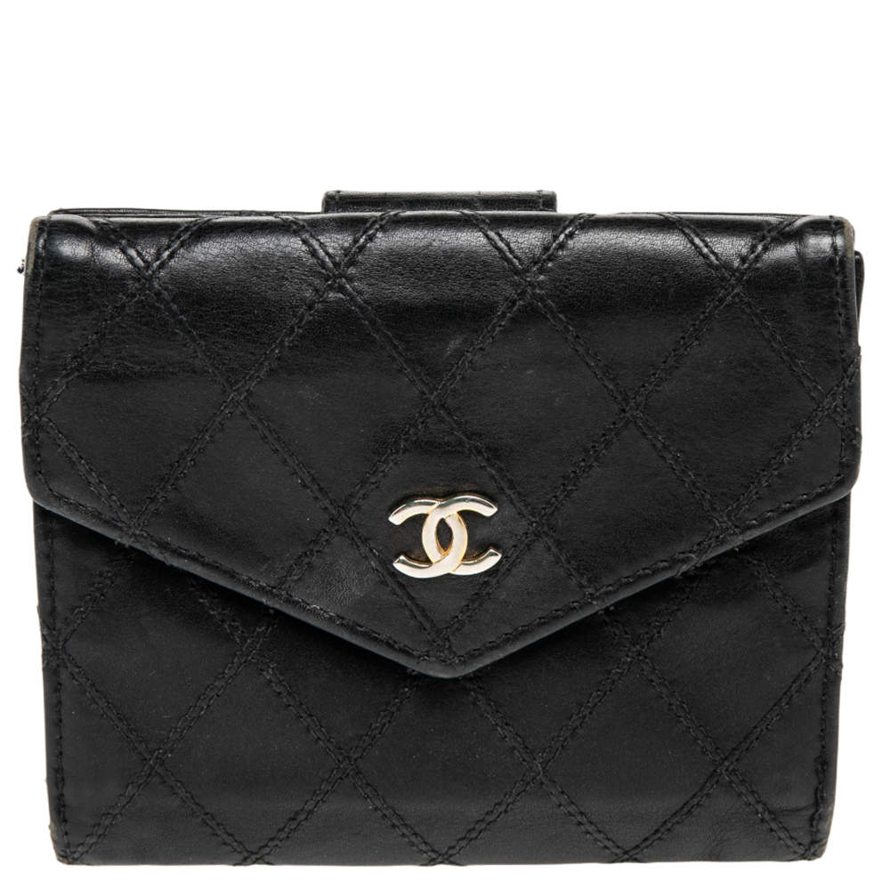 Pre Owned Chanel Black Double Quilted Leather Vintage Trifold Wallet