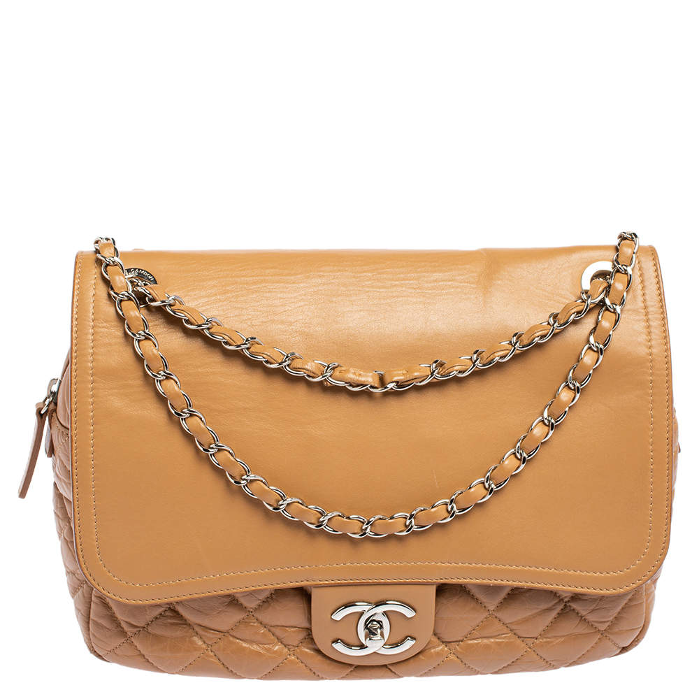 Chanel Beige Quilted Leather And Leather Jumbo Easy Flap Bag
