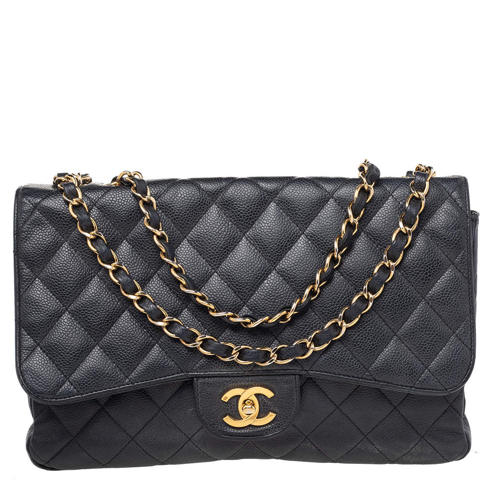 Pre Owned Chanel Black Quilted Caviar Leather Jumbo Classic Single Flap Bag