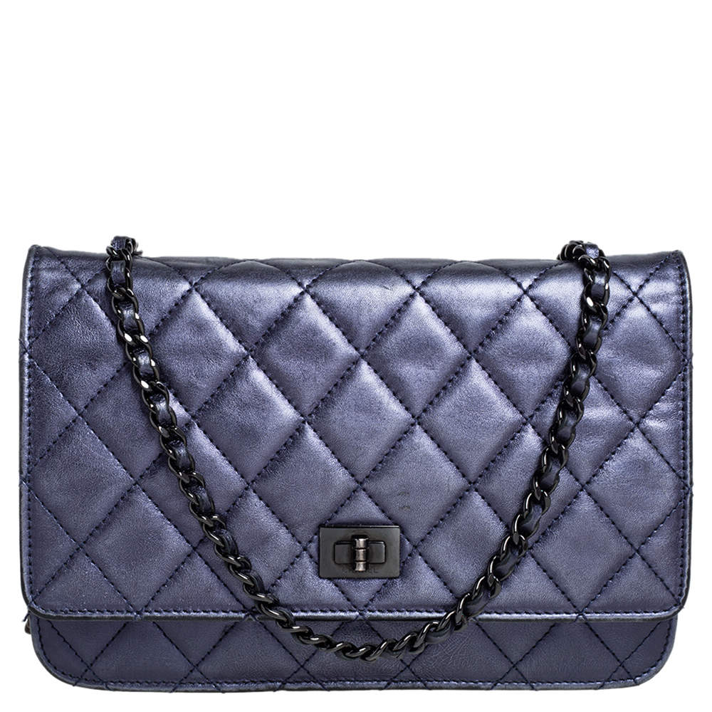Chanel Metallic Blue Quilted Leather Reissue 2.55 Wallet On Chain