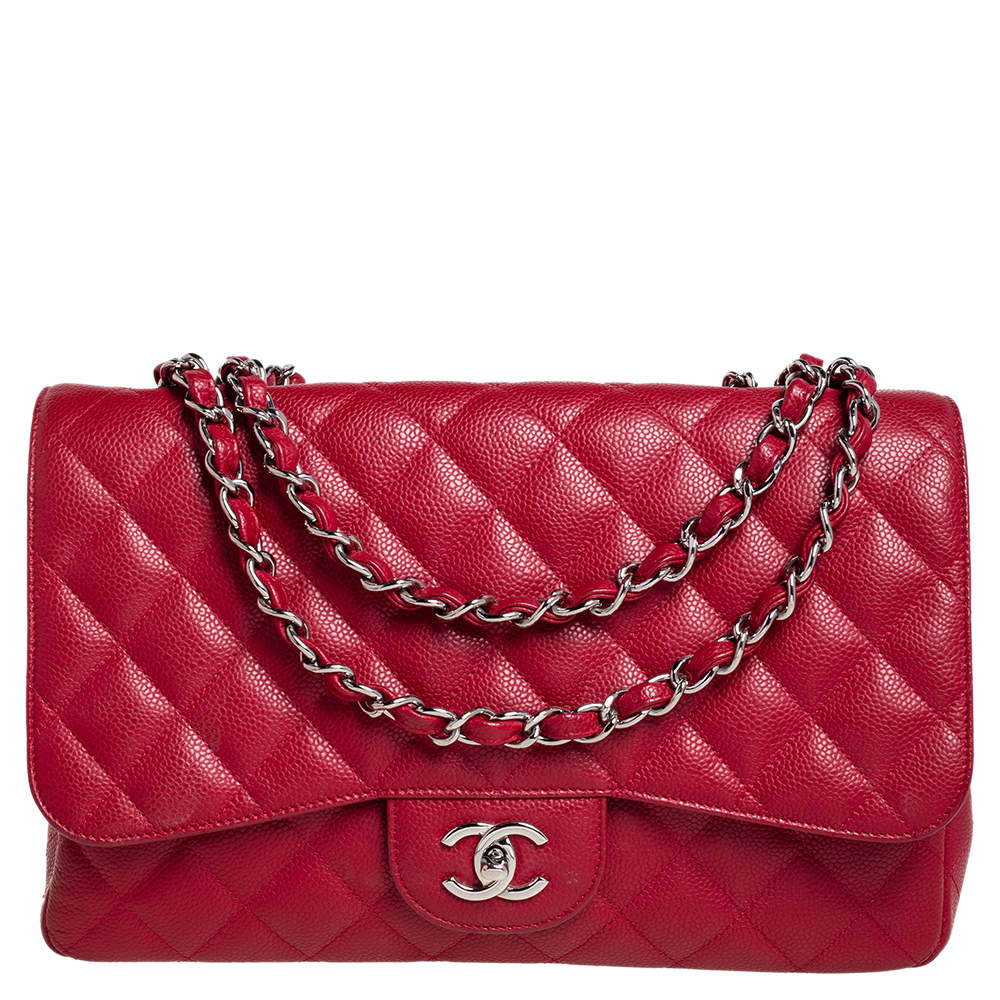 Chanel Red Quilted Caviar Leather Jumbo Classic Single Flap Bag