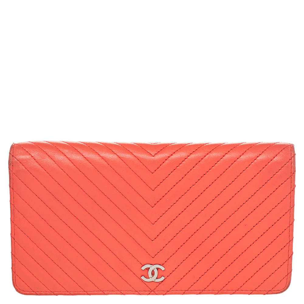 Pre Owned Chanel Orange Chevron Quilted Leather CC Long Wallet