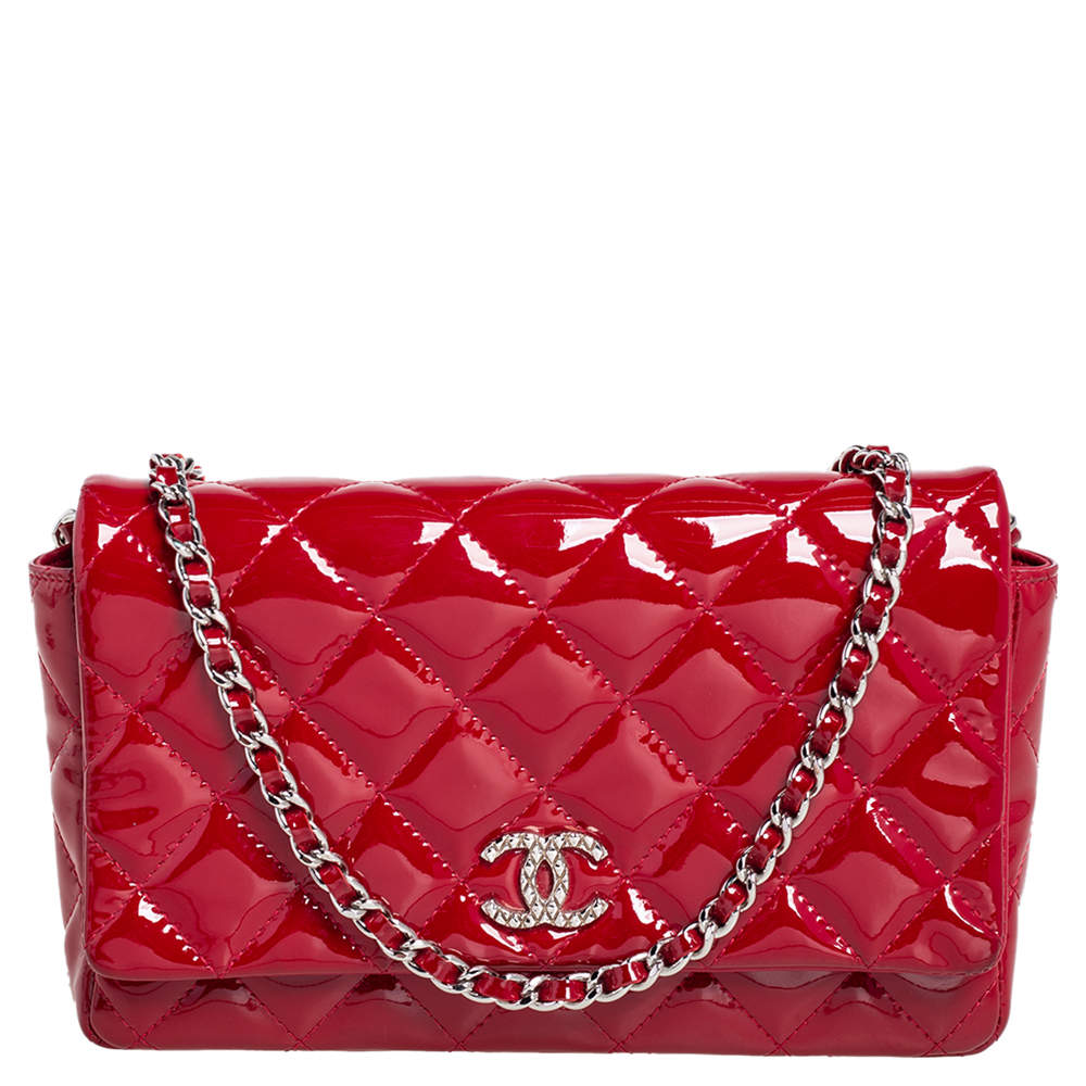 Chanel Red Quilted Patent Leather CC Wallet on Chain