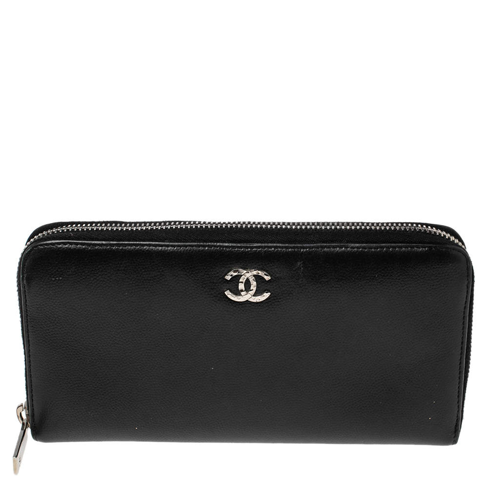 Pre Owned Chanel Black Leather CC Zip Around Wallet