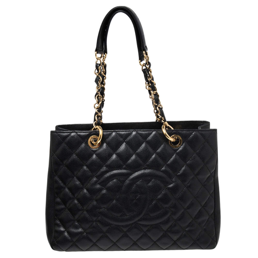 Pre Owned حقيبة يد توتس شانيل شوبينغ جلد كافيار مبطن أسود كبيرة
