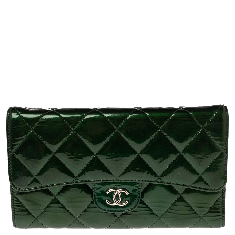 Chanel Green Quilted Patent Leather Classic L Flap Wallet