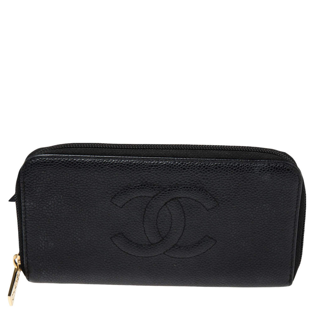 مملوكة مسبقًا محفظة شانيل سحاب ملتف سي سي جلد كافيار أسود