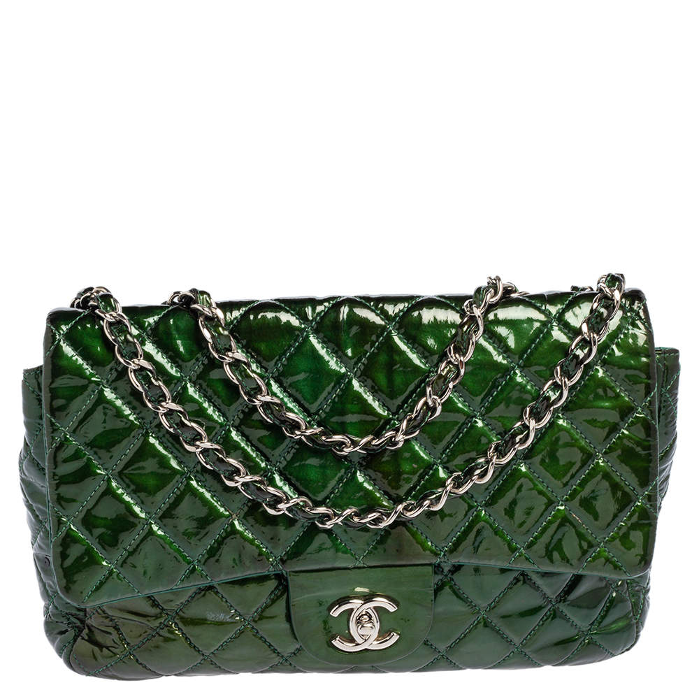 Pre Owned حقيبة شانيل جامبو كلاسيك جلد مبطن أخضر لامع بقلاب 