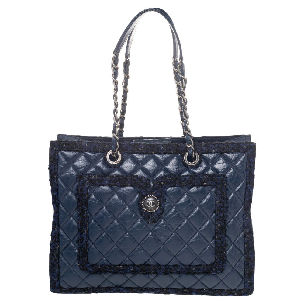Chanel Navy Blue Aged Quilted Leather And Tweed Shopping Tote