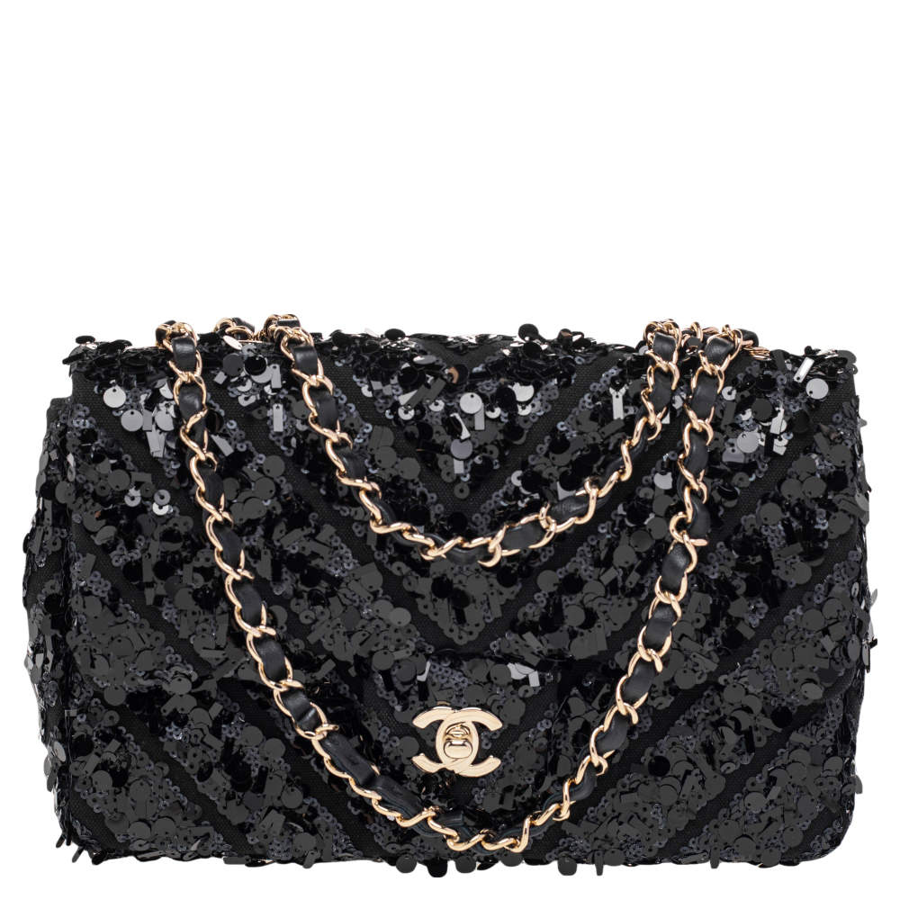Pre Owned Chanel Black Canvas And Sequins Medium Classic Flap Bag