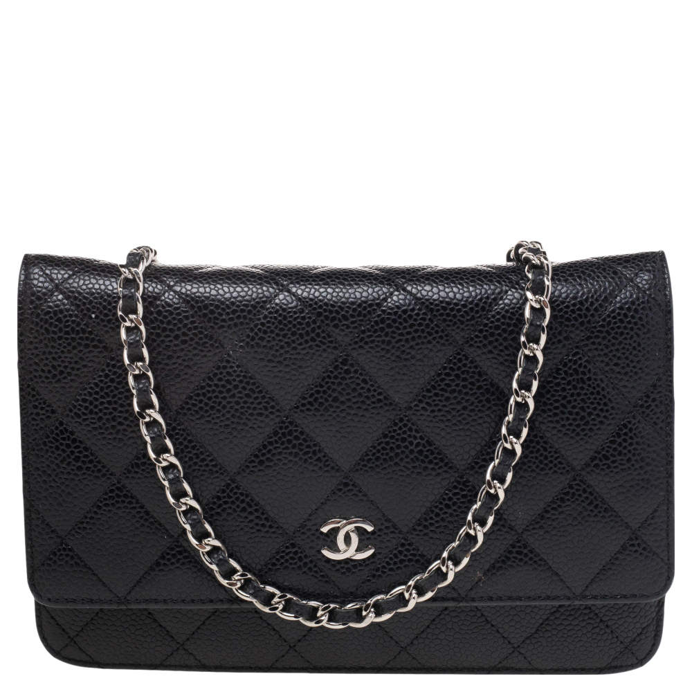Pre Owned محفظة بسلسلة شانيل جلد كافيار سوداء