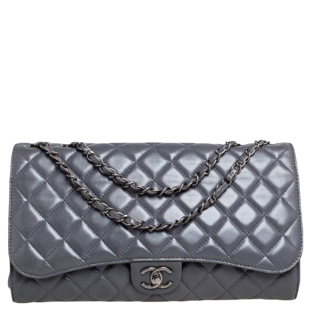 Pre Owned Chanel Grey Quilted Leather Grocery By Chanel Drawstring Flap Bag