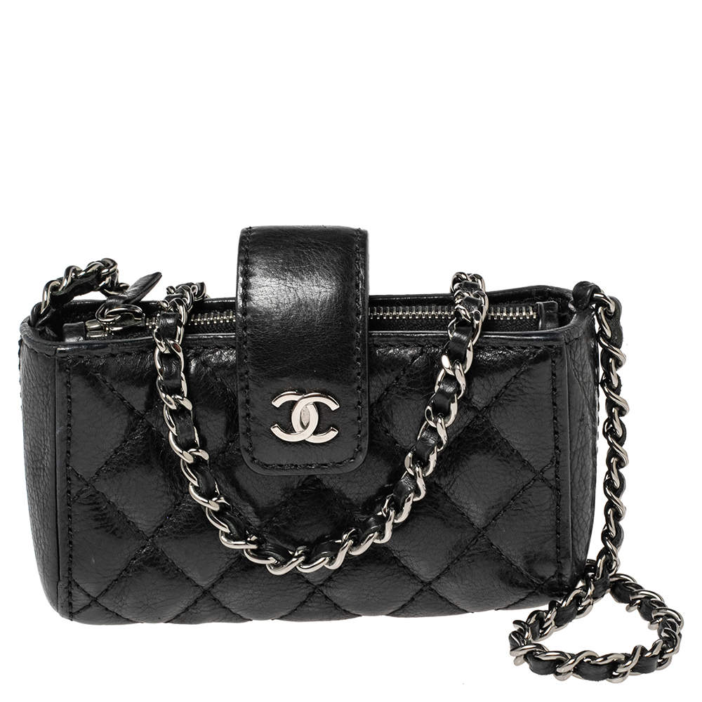 Pre Owned Chanel Black Quilted Leather Mini Phone Holder Chain Clutch