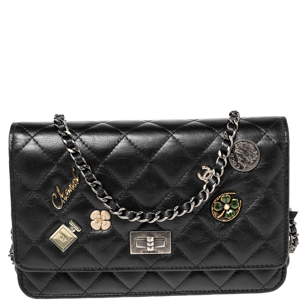 Chanel Black Aged Quilted Leather Lucky Charms 2.55 Reissue Wallet on Chain