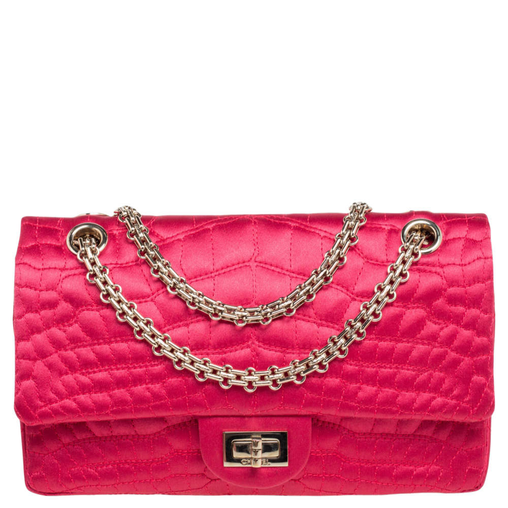 Pre Owned Chanel Fuchsia Croc Quilted Satin Reissue 225 Flap Bag