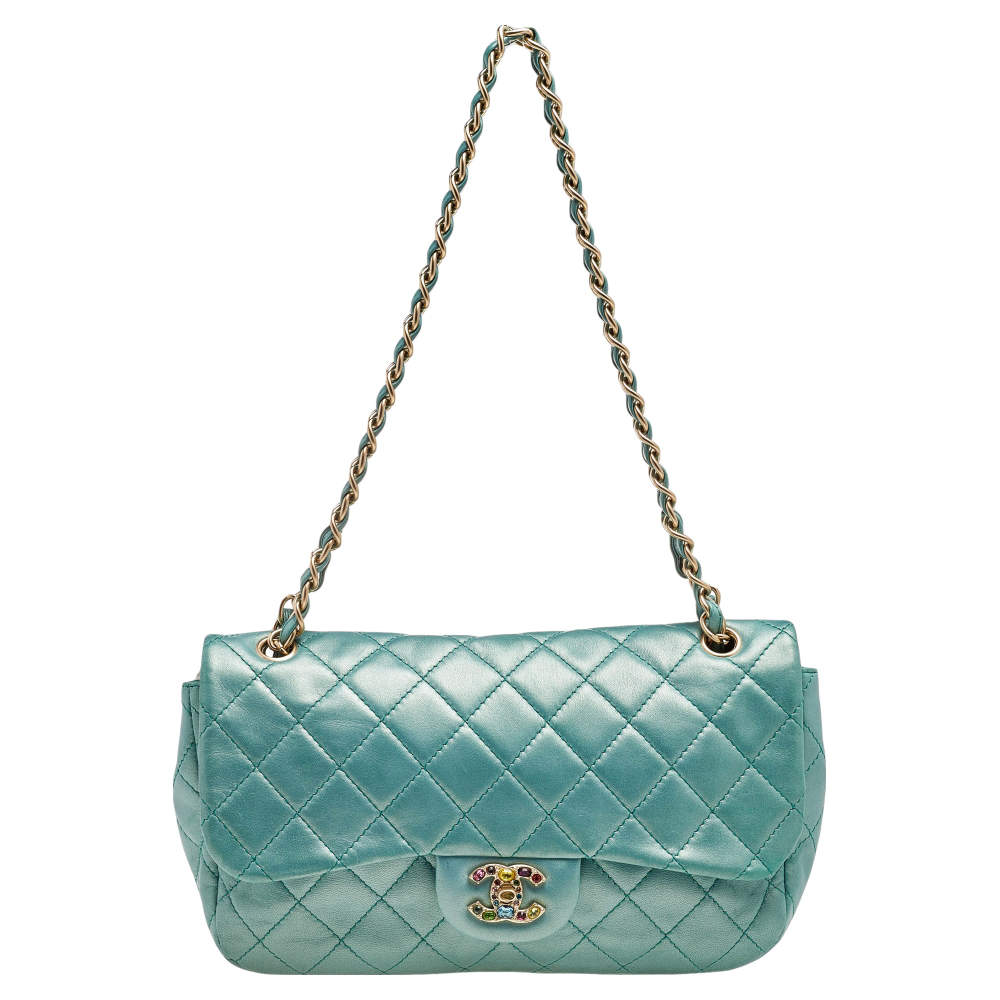 Pre Owned Chanel Metallic Green Quilted Leather Crystal CC Single Flap Shoulder Bag